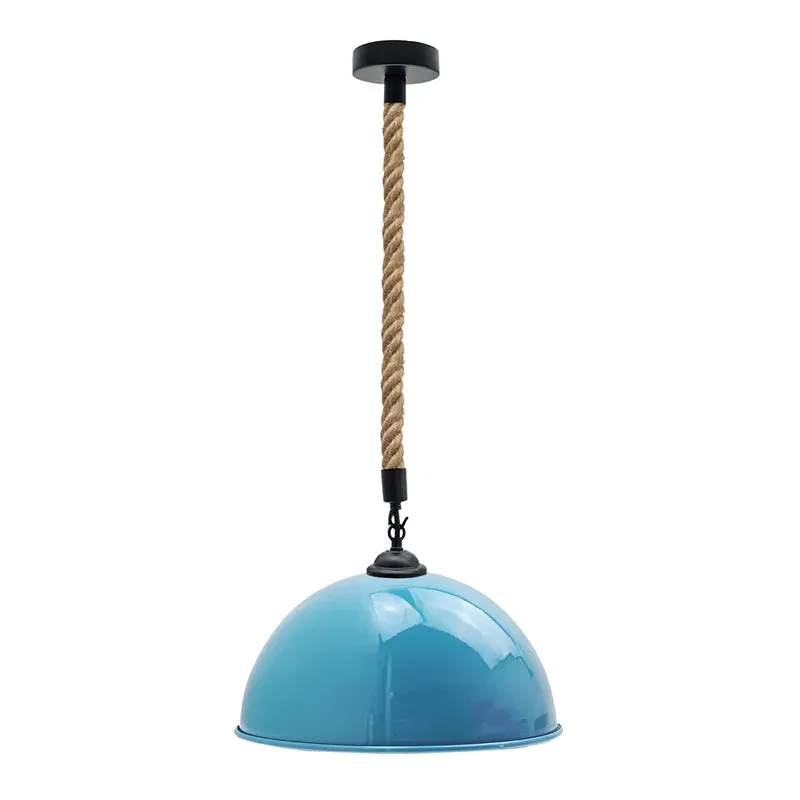 Vintage style hanging lamp with metal dome and natural hemp rope, shown hanging against a neutral background