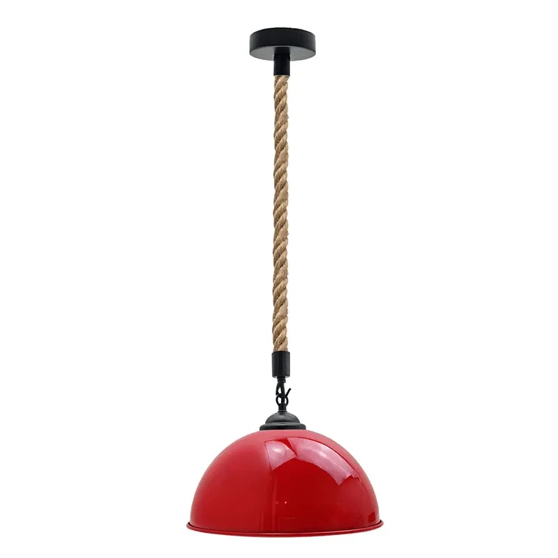 Industrial-style vintage metal dome E27 bulb pendant light with natural hemp rope hanging against white background