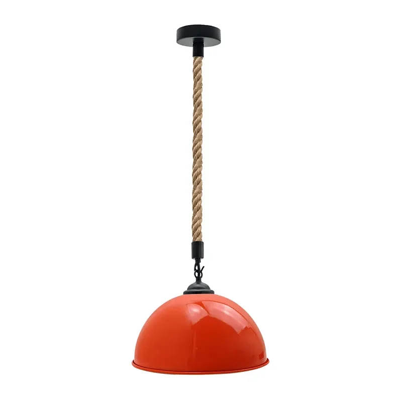 Industrial hemp pendant light with metal dome and hand-woven hemp rope, hanging against a plain background