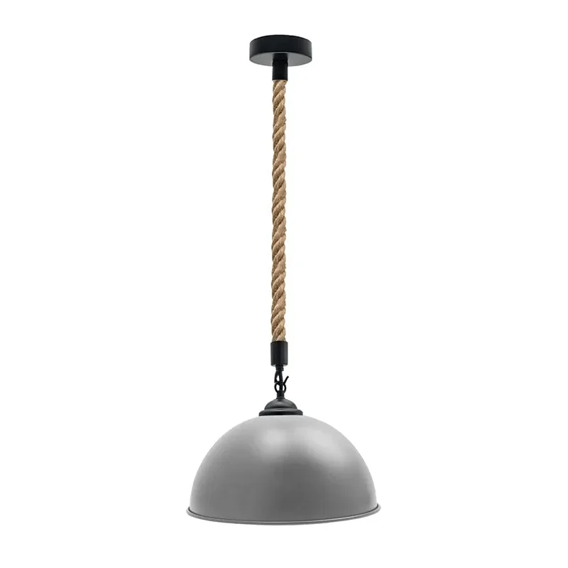 Industrial hemp pendant light with metal dome shade hanging by long natural hemp rope against white background