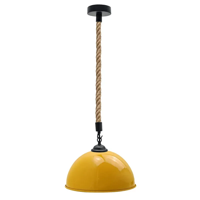 Hemp rope pendant light with 30cm metal shade and long woven natural hemp cable hanging from ceiling