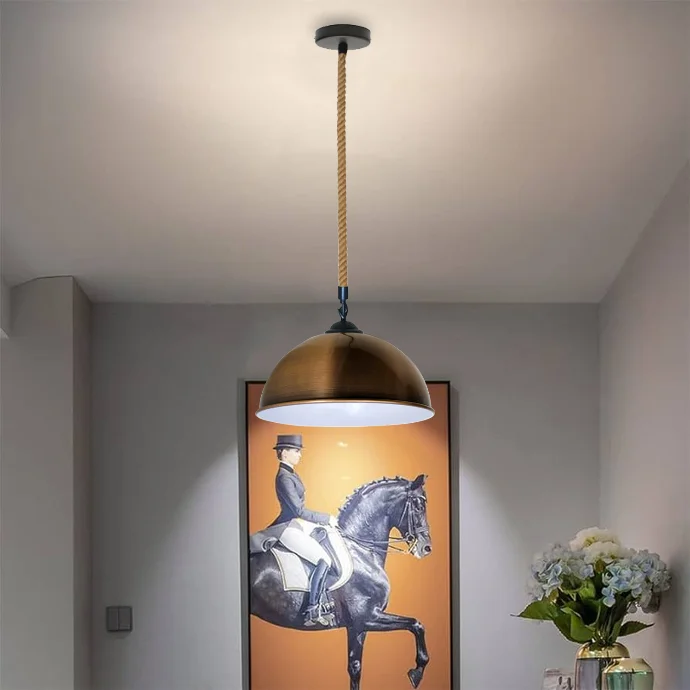 Industrial pendant light with 30cm metal shade and 200cm woven hemp rope cable hanging against white background