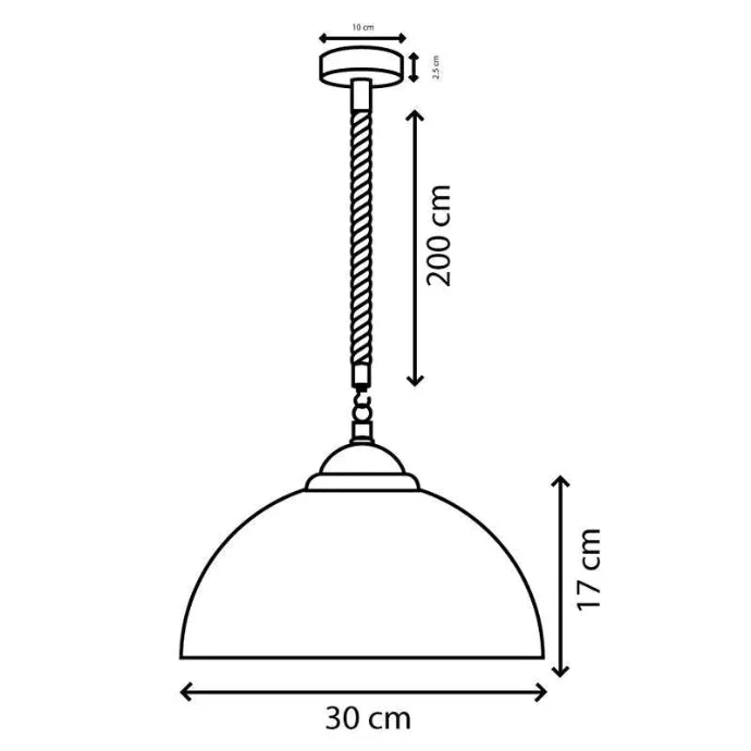 Industrial metal shade pendant light with 30cm wide dome and 200cm adjustable hemp rope cable hanging from ceiling