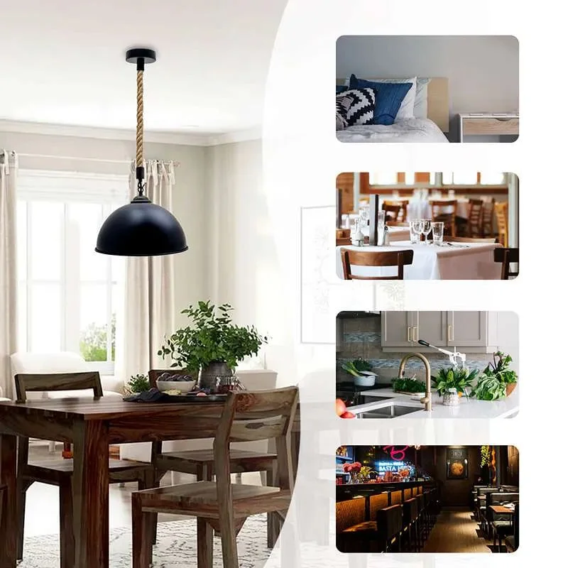 Industrial rope pendant light with 30cm metal shade and adjustable hemp cable, dimmable ceiling light for indoor use
