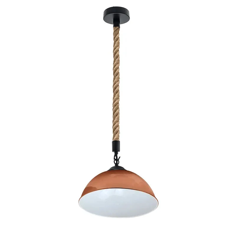 Hemp rope pendant light with 30cm metal dome shade hanging from a ceiling, showing adjustable woven hemp cable length