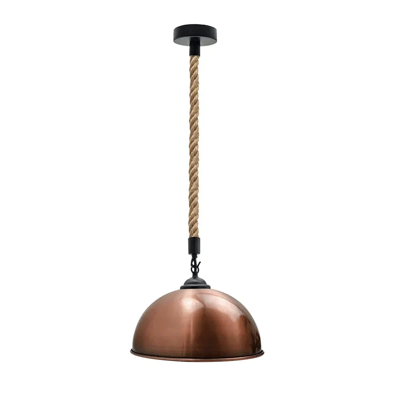 Hemp rope pendant light with 30cm metal shade hanging from ceiling, showing adjustable 200cm woven hemp cable