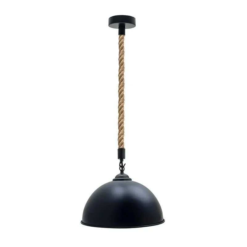 Hemp rope pendant light with 30cm metal shade hanging from ceiling, showing adjustable woven 200cm hemp cable detail