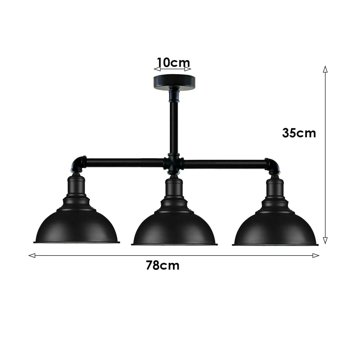Industrial black metal 3 way pendant light with three E27 fittings and exposed pipe joints in steampunk style