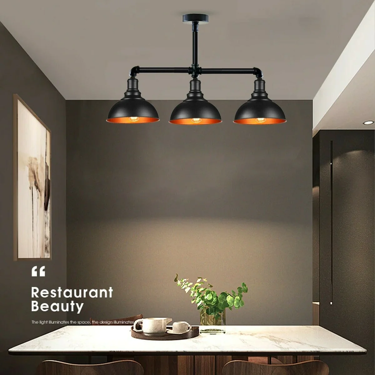 Metal industrial light with three E27 sockets, black textured pipe design, and matching ceiling rose against white background
