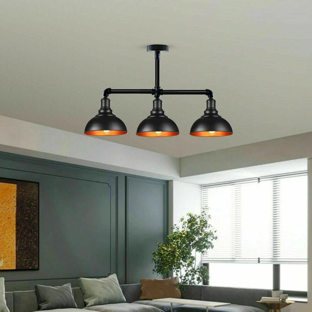 Industrial 3-way water pipe pendant light in matte black metal, dimmable pendant lamp with E27 fittings and steampunk style