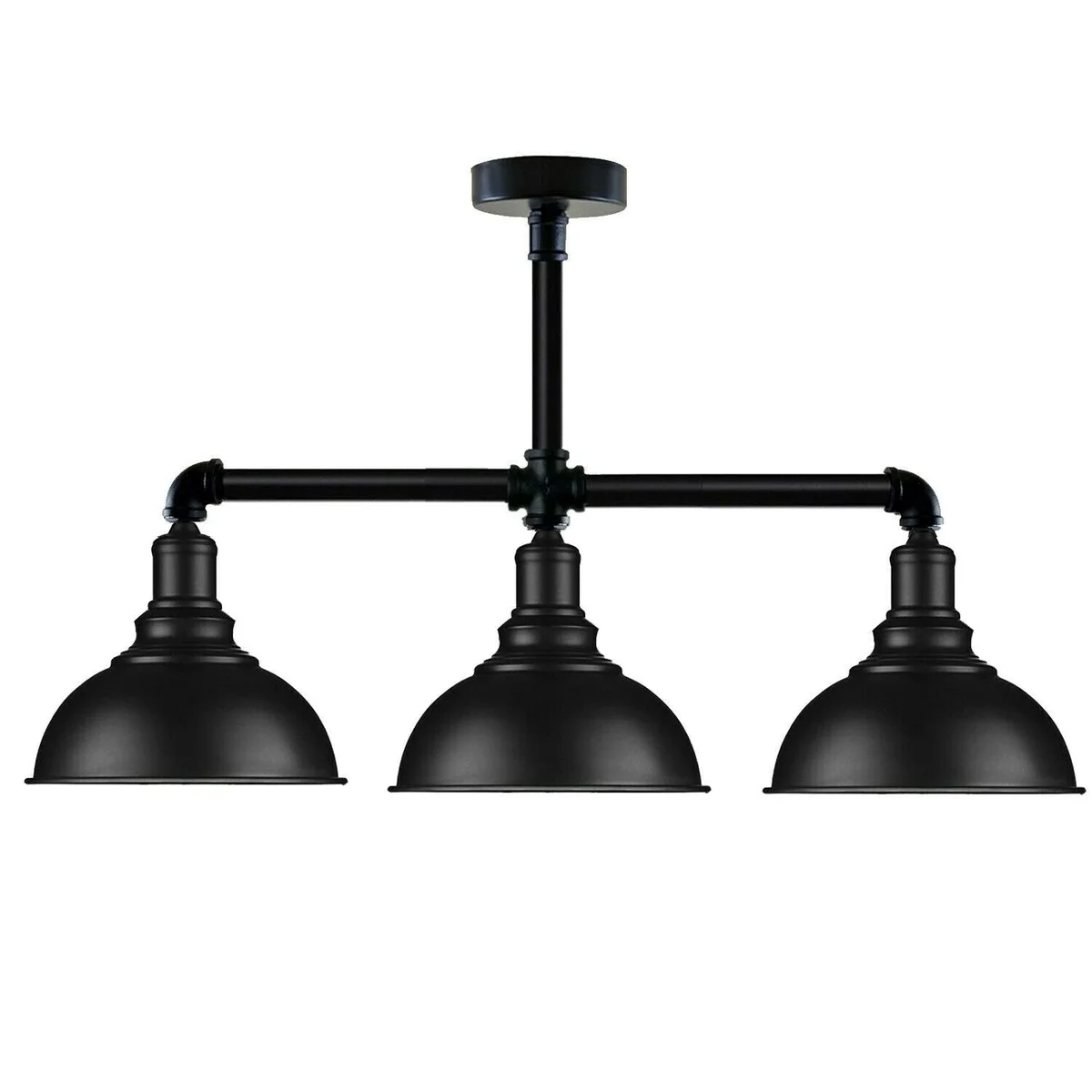 Industrial pendant light with three black metal pipe arms and E27 fittings, steampunk design, ceiling mounted, no bulbs shown