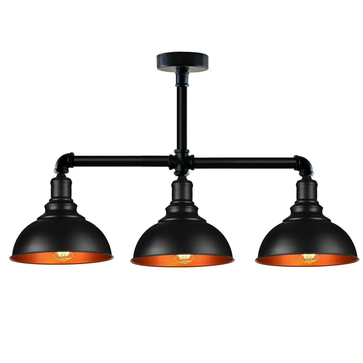 Industrial pendant light with three steampunk-style water pipe arms and matte black metal finish hanging from ceiling rose