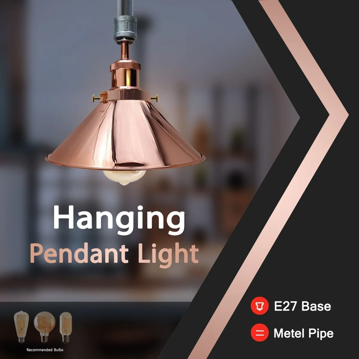 Galvanized industrial pendant light with rose gold accents and white interior shade, sleek ceiling fixture for stylish décor