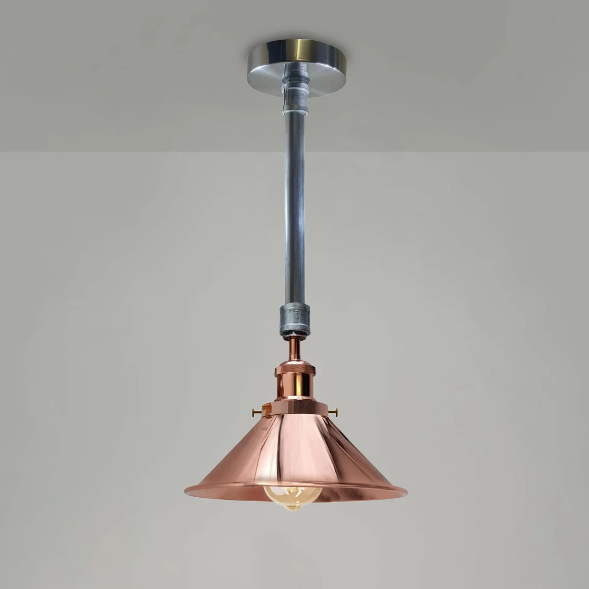 Galvanized and rose gold ceiling pendant light with white interior shade, industrial style, 22cm diameter, E27 base