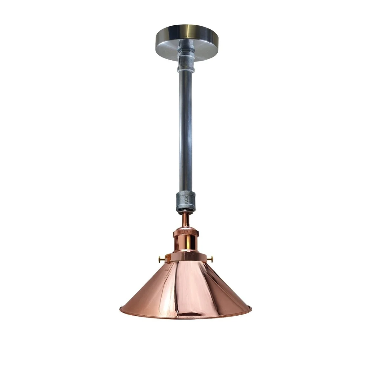 Galvanized pendant light with rose gold accents, white interior shade, and industrial metal design hanging from ceiling
