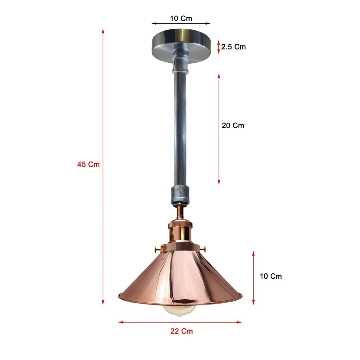 Rose gold pendant light with galvanized finish, white interior shade, and iron metal pipe, shown hanging from ceiling fixture