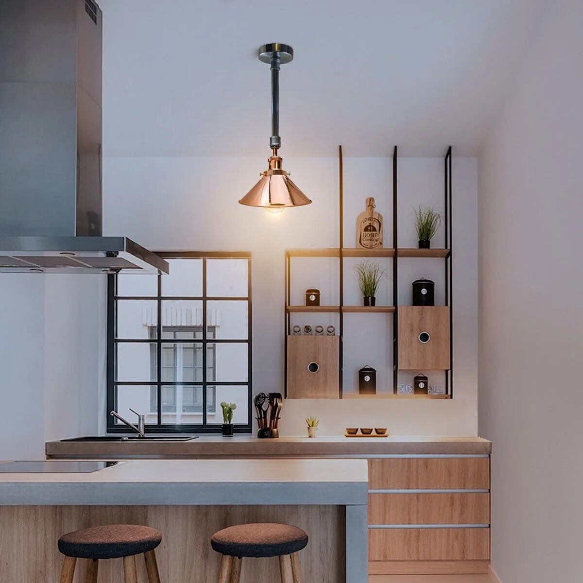 Galvanized and rose gold E27 base pendant light with white interior shade, 22cm diameter, industrial style ceiling fixture