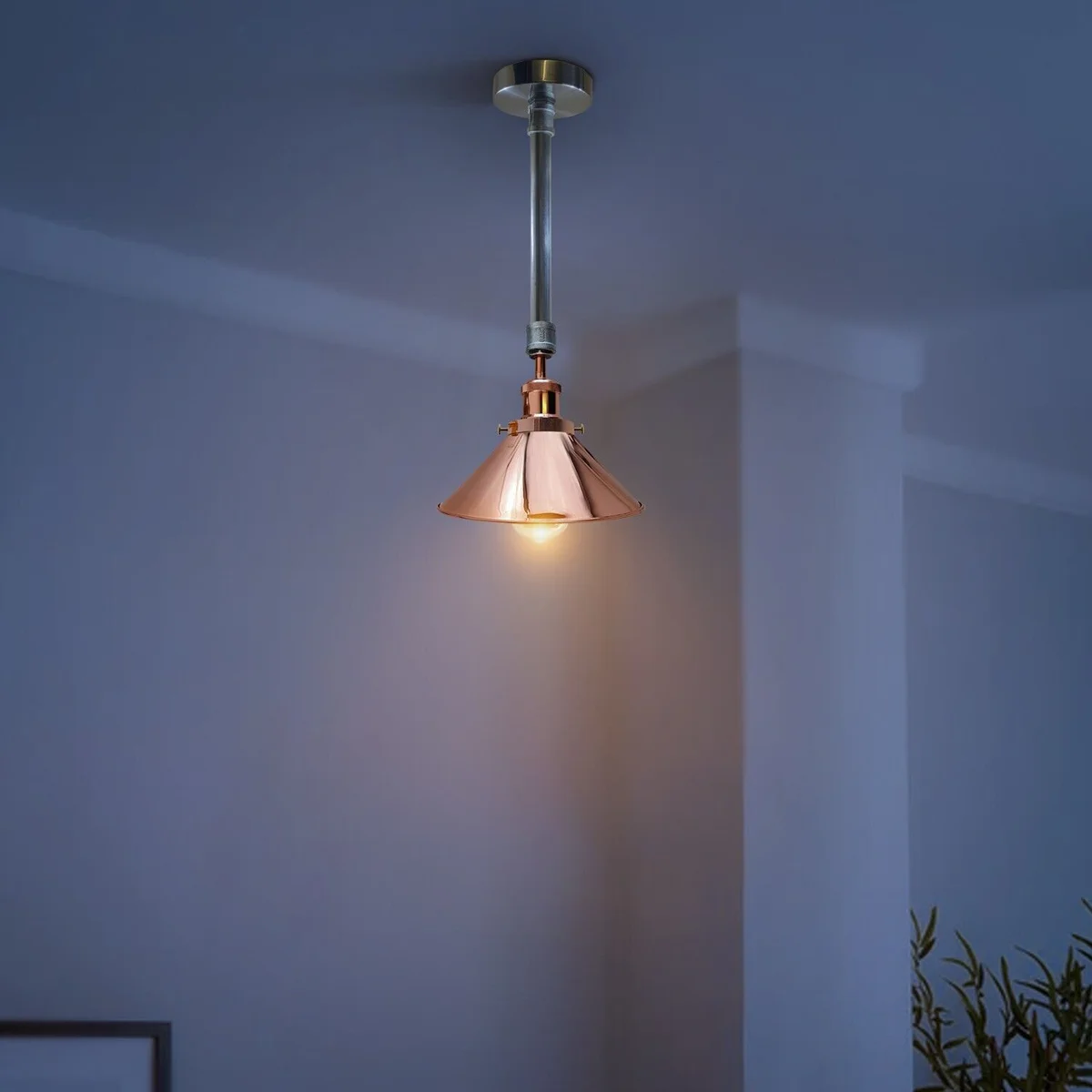 Galvanized and rose gold industrial pendant light with white interior shade, 22cm diameter, hanging from ceiling fixture