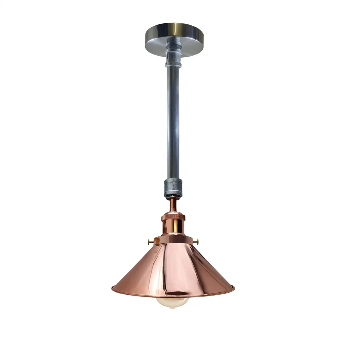 Galvanized and rose gold industrial pendant light with white interior shade, 22cm diameter, hanging from ceiling fixture