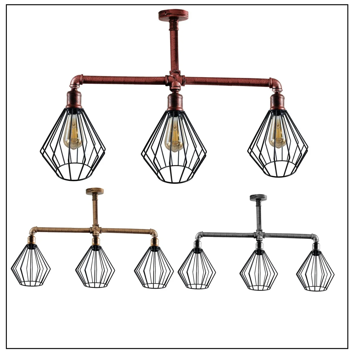 Vintage industrial pendant light with three exposed metal pipe arms and cage shades in brushed copper finish
