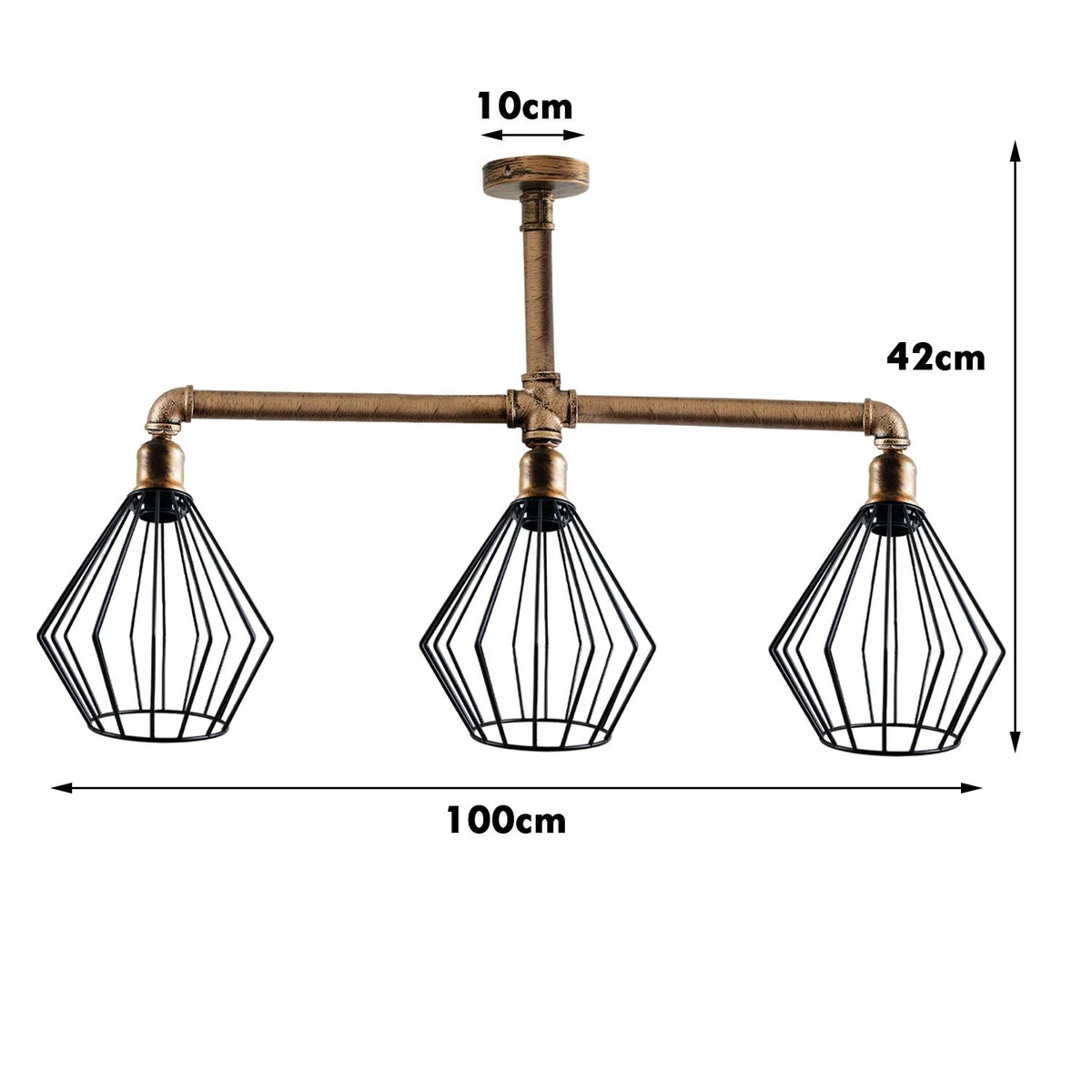 Vintage 3-way metal cage ceiling lamp with exposed pipe arms and three cage shades in brushed copper finish