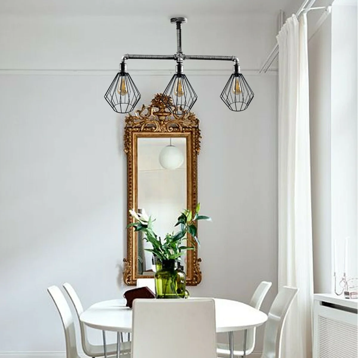 Vintage 3-way industrial pipe ceiling light with metal cage shades and three E27 bulb sockets in brushed copper finish