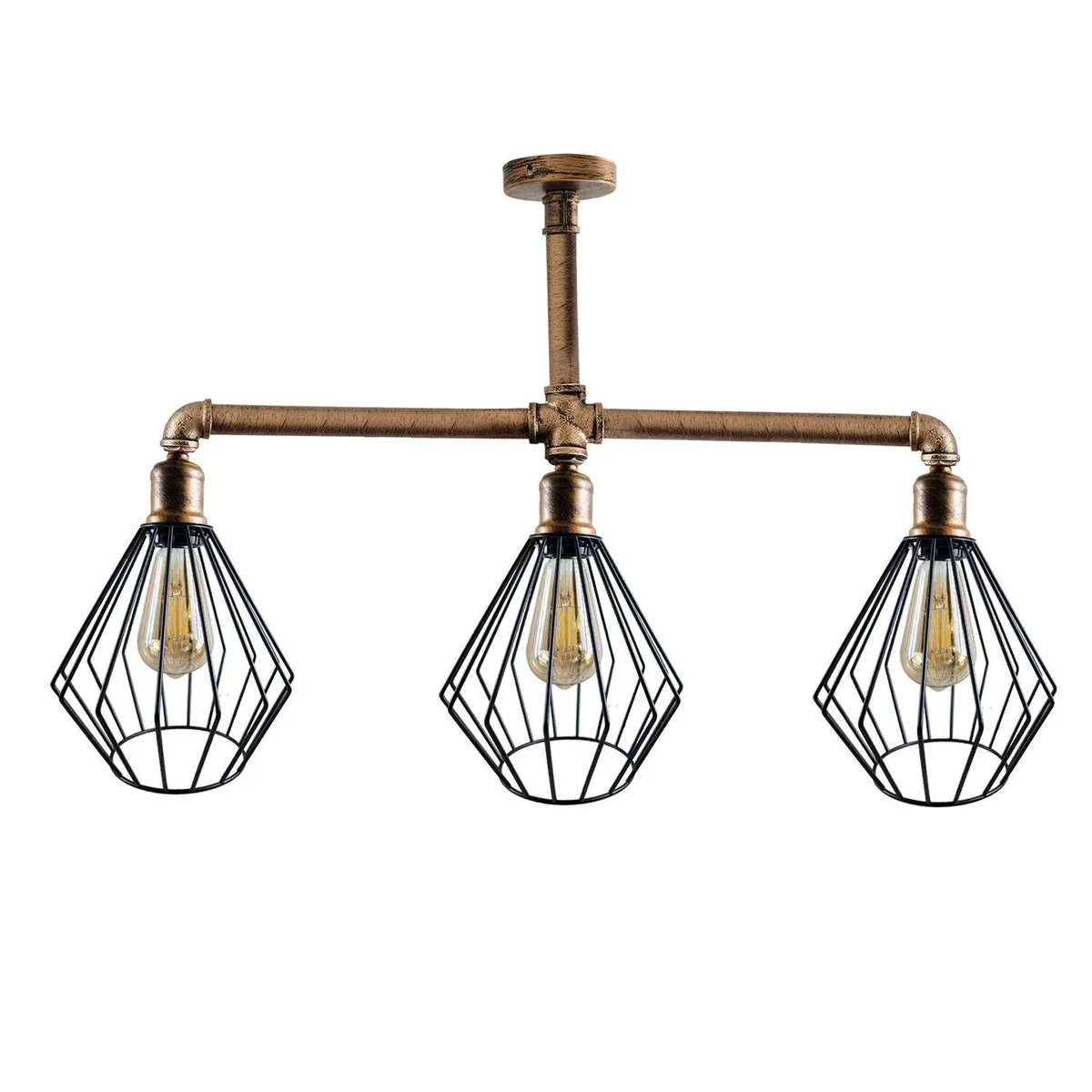 Vintage industrial pipe ceiling light with three exposed metal cage shades in brushed copper finish hanging indoors