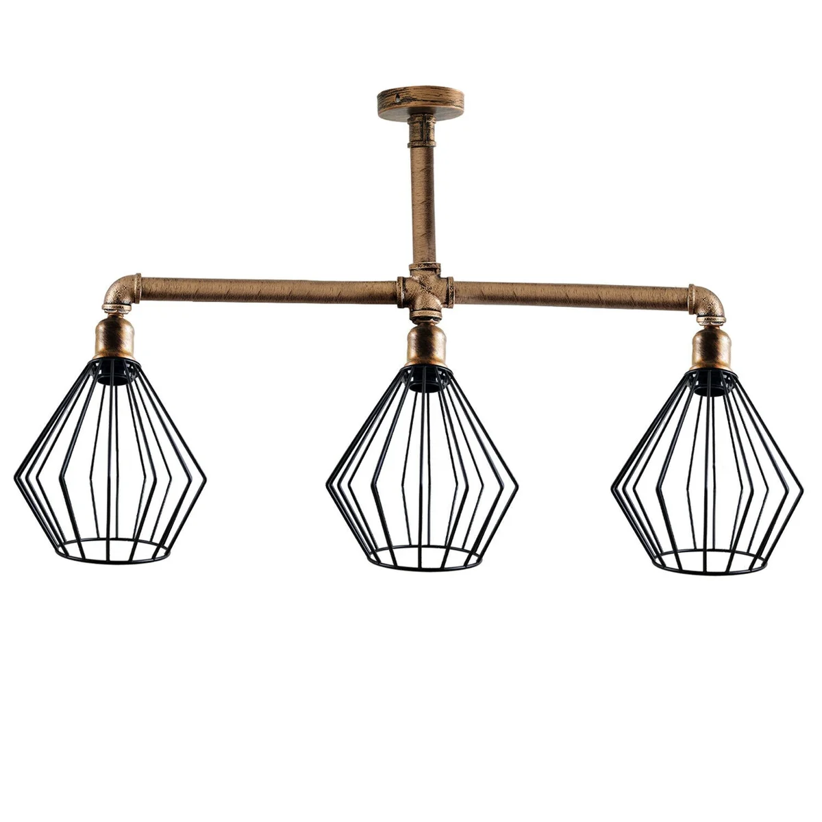Vintage industrial pipe ceiling light with three metal cage shades in brushed copper finish hanging from ceiling