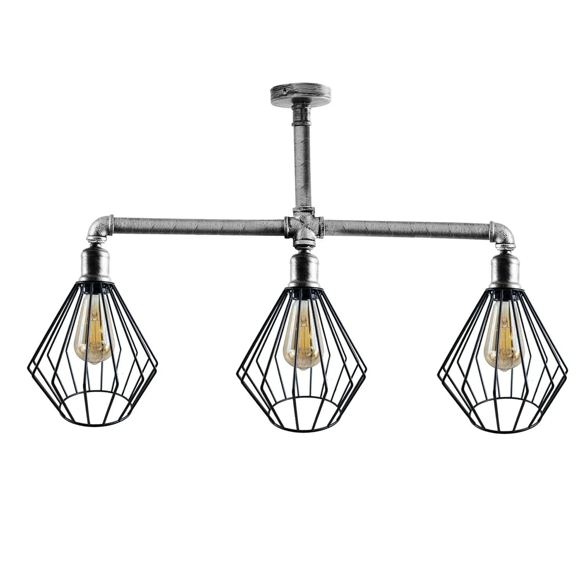 Vintage industrial pipe ceiling light with three exposed metal cage shades in brushed copper finish hanging indoors