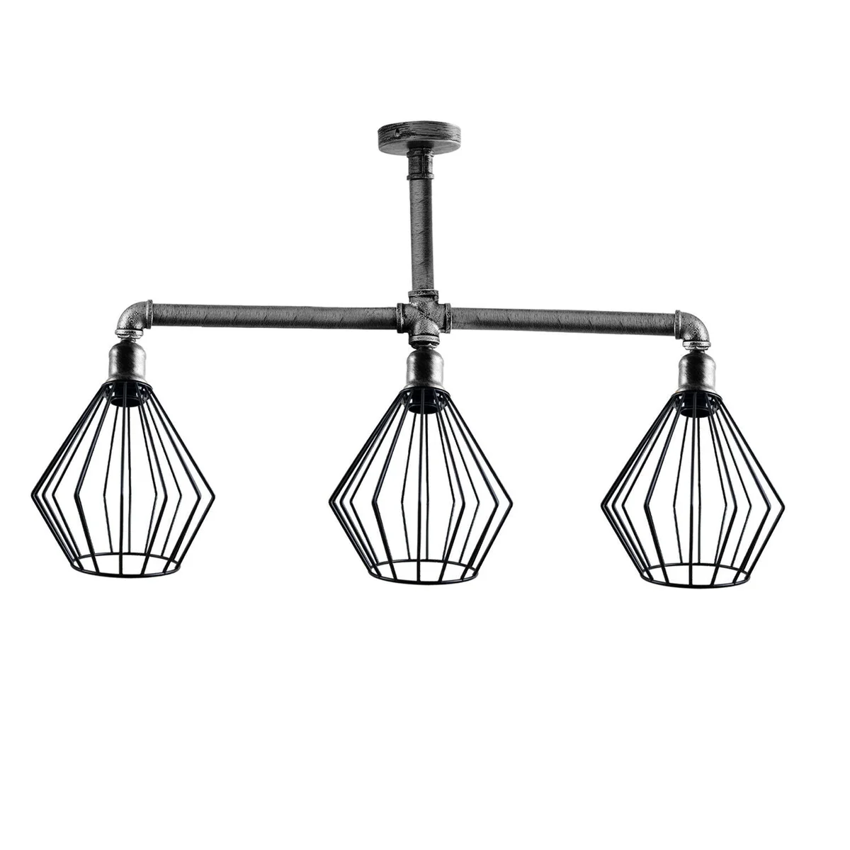 Vintage 3-way industrial pipe ceiling light with three cage shades in rustic red metal finish hanging from ceiling
