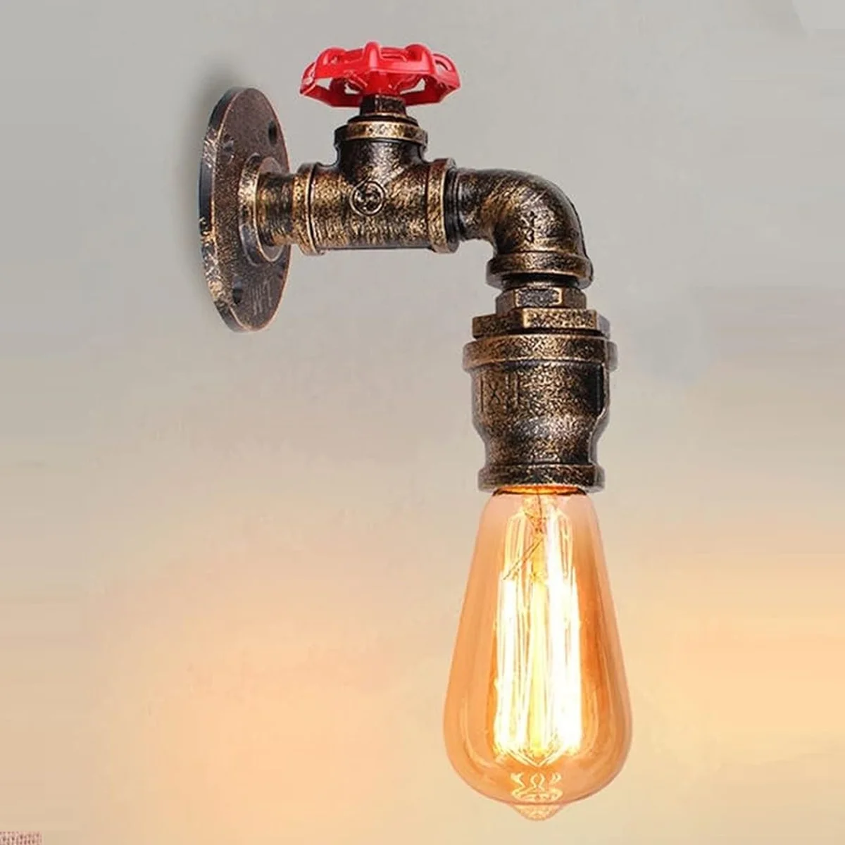 Rustic red industrial wall light with metal water pipe design and red valve, includes E27 bulb, vintage steampunk style
