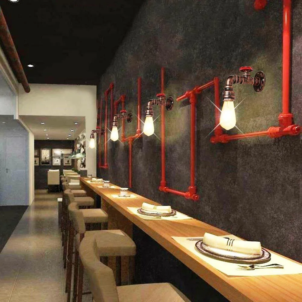 Rustic red vintage wall lamp with industrial water pipe design and red valve, includes E27 bulb mounted on wall