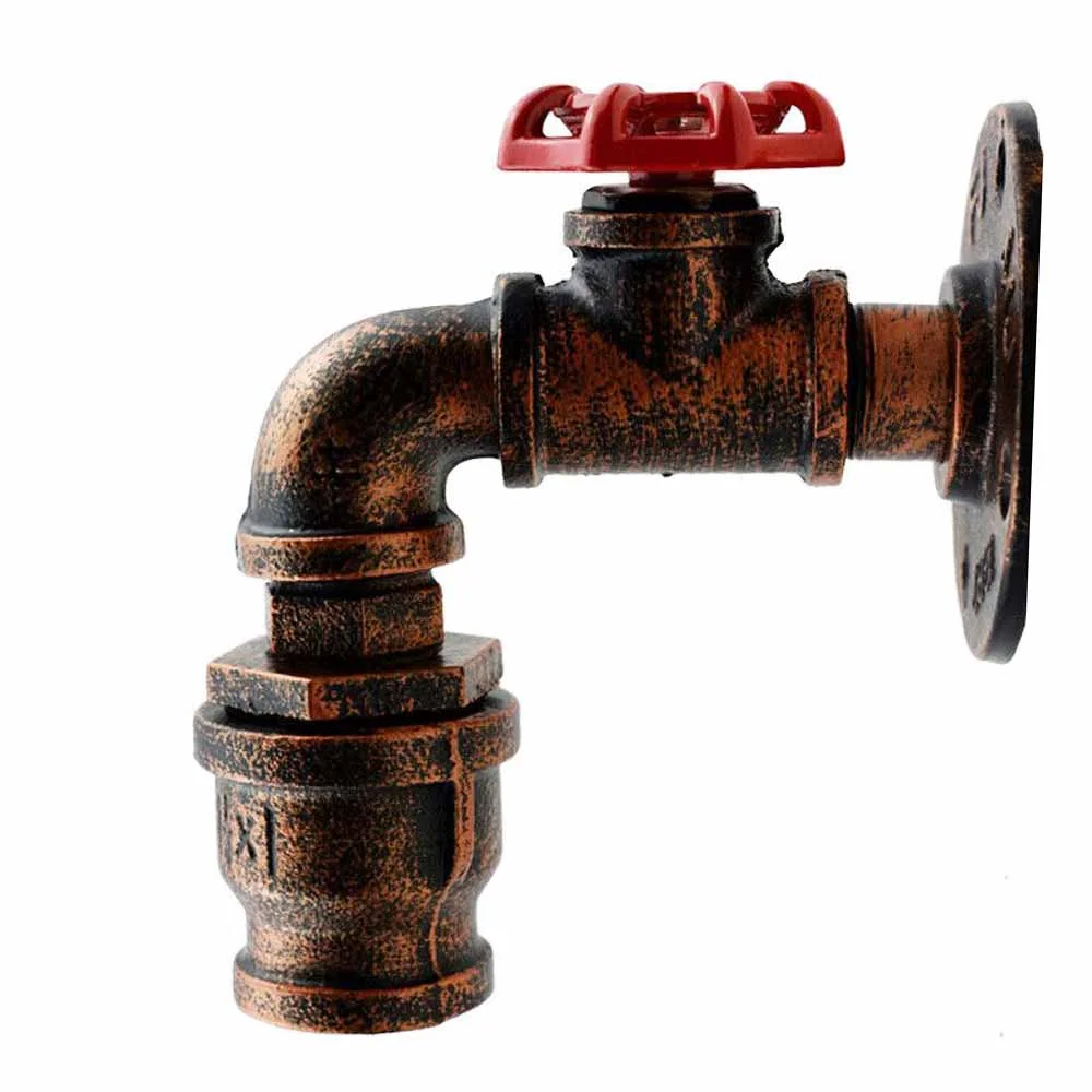 Rustic red wall light with industrial water pipe design, red valve detail, mounted on a white wall with lit E27 bulb