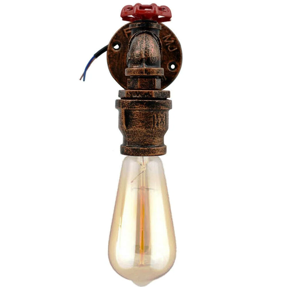 Rustic red metal wall light with industrial water pipe design and red valve detail, includes E27 bulb and mounting hardware
