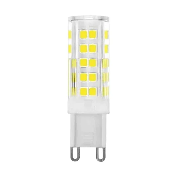Two cool white energy saving LED bulbs with G9 bases, 3W and 5W, shown on a white background