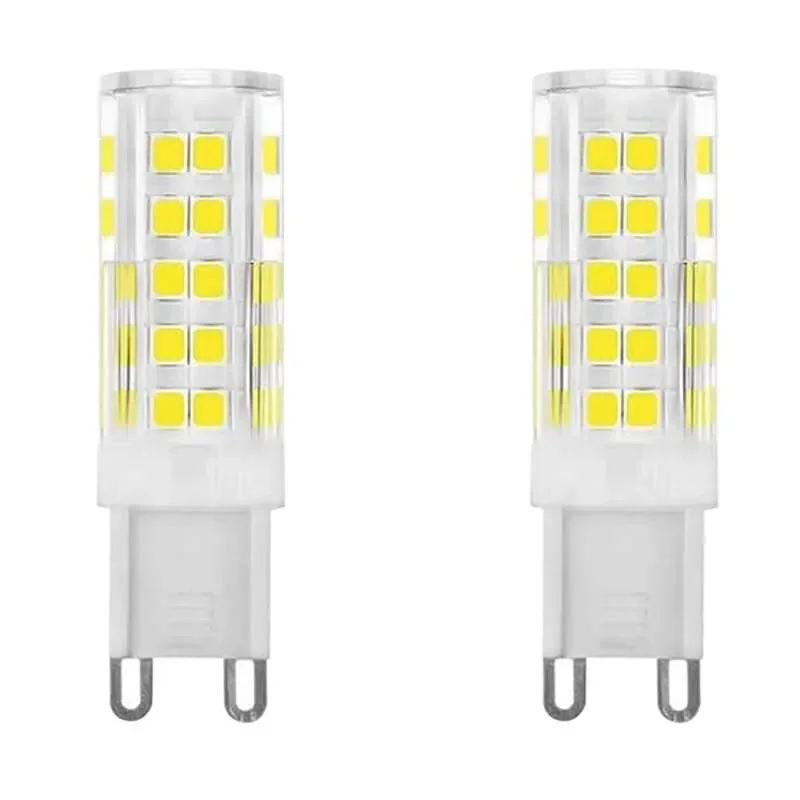 Two 5W LED bulbs with G9 base, emitting cool white 6500K light, shown on a white background