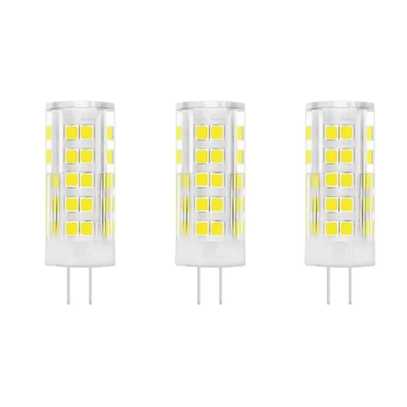 G4 LED bulb with clear polycarbonate cone shape, cool white light, and double straight pin base on white background