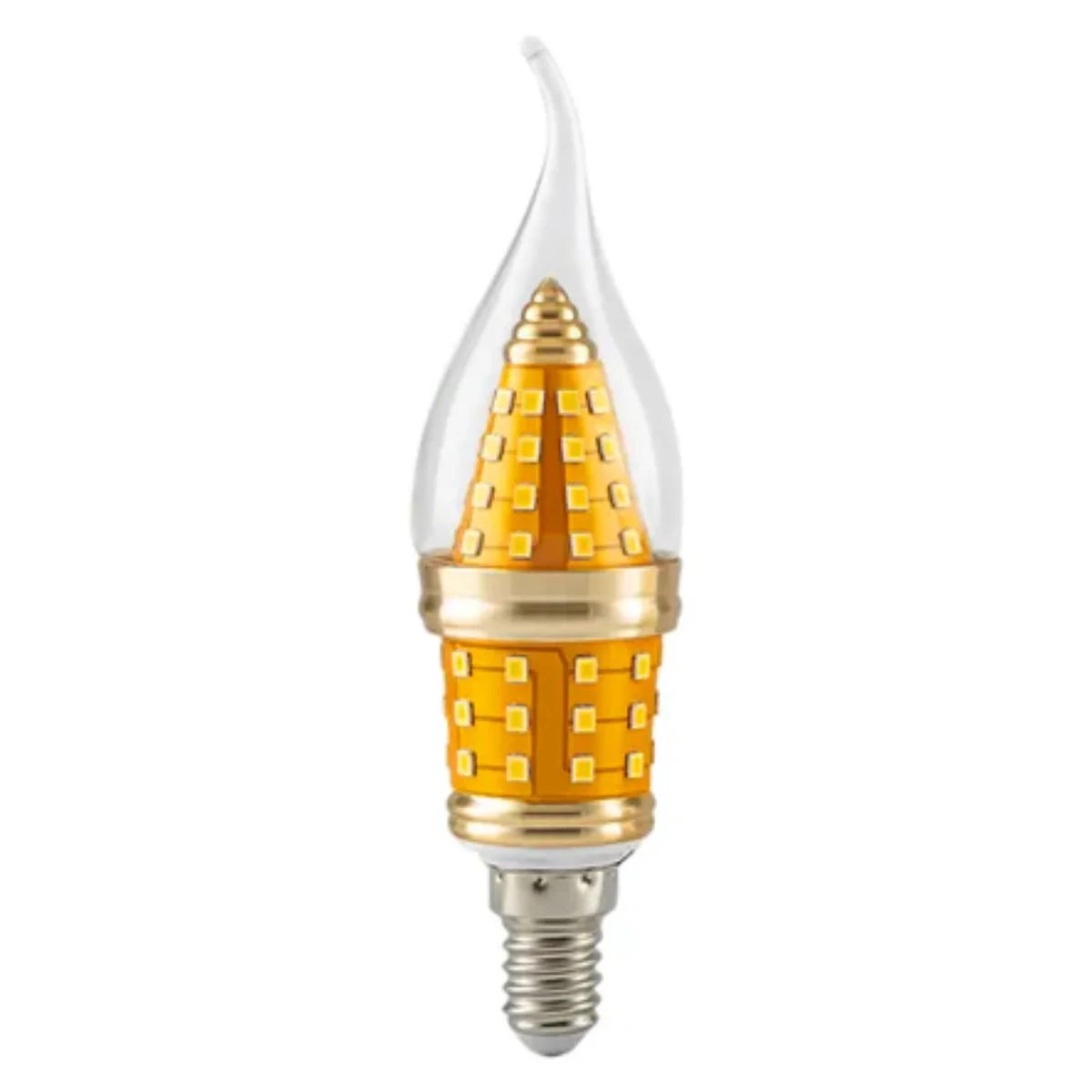 Retro style E14 LED candle bulb with flame tip, cool white light, clear glass, and golden silver finish chandelier bulb