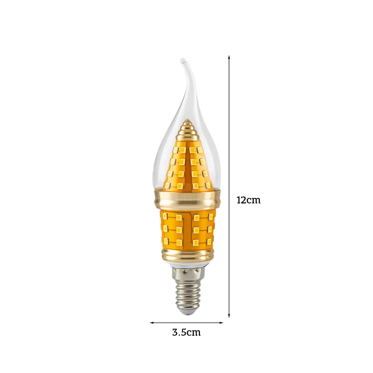 Retro LED candle bulb with E14 base, flame tip shape, clear glass, glowing cool white light, vintage style chandelier bulb