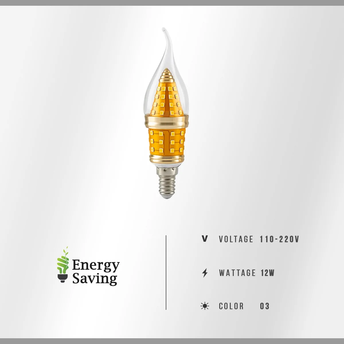 Retro style flame tip LED bulb with clear glass and golden base, cool white light, E14 chandelier bulb, 12W energy-saving