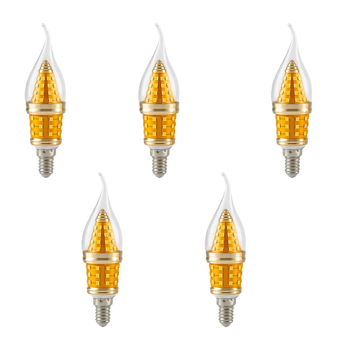 Retro style E14 flame tip chandelier light bulb glowing with cool white LED bulb illumination on a white background