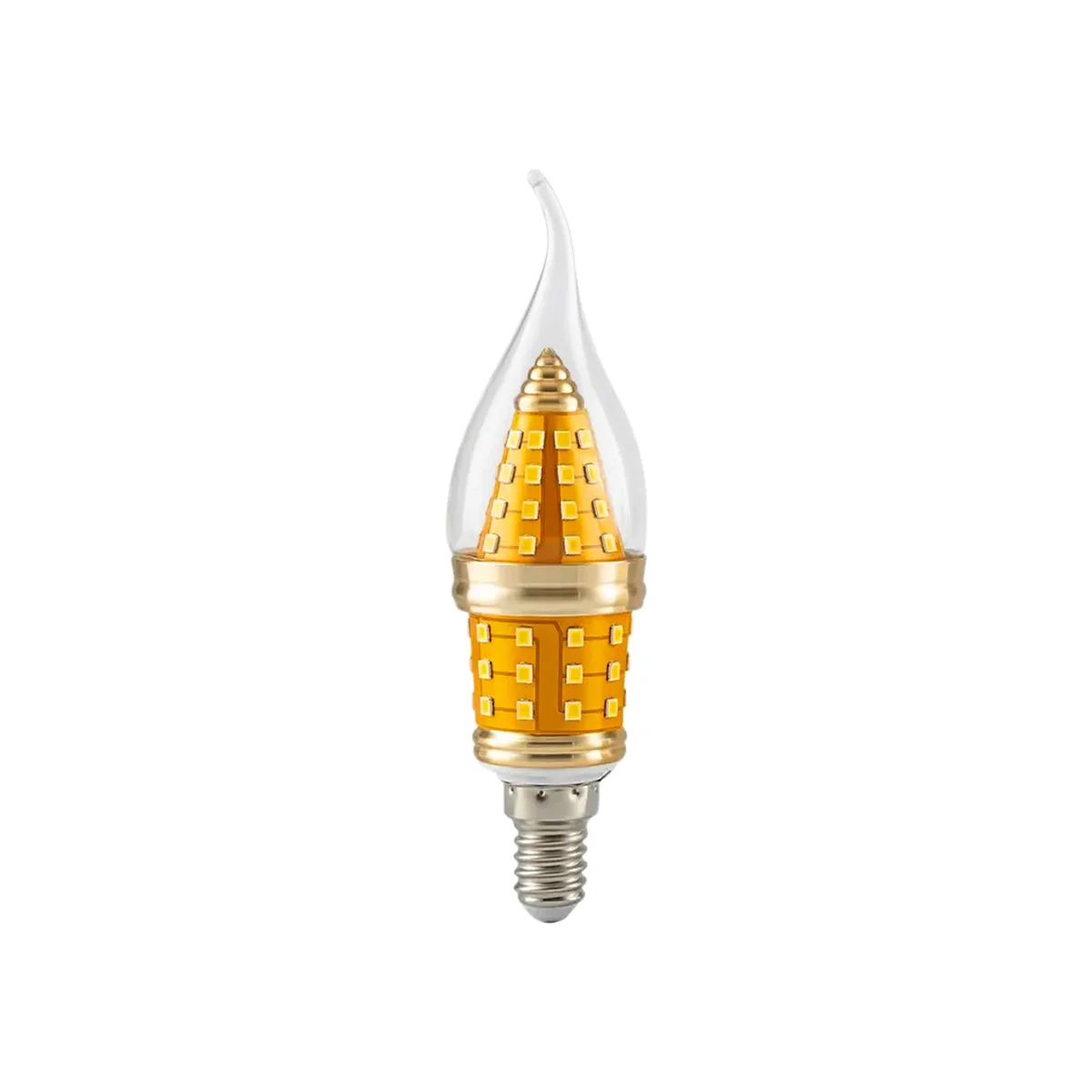 Retro style flame tip E14 base energy efficient LED bulb with clear glass and golden finish, suitable for chandeliers and indoor use