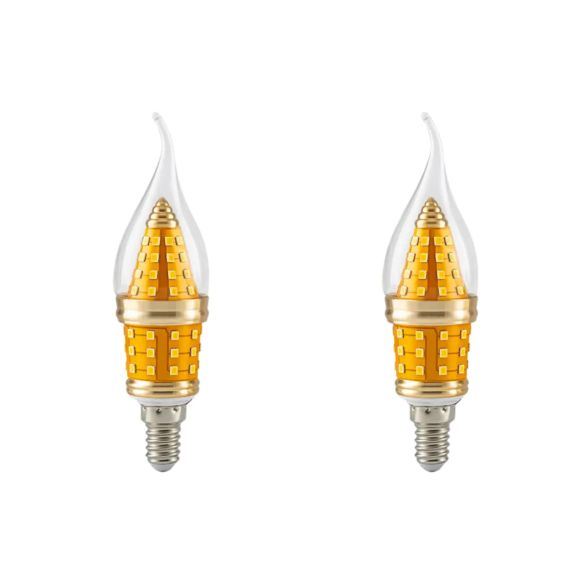 Retro style E14 base chandelier bulb with flame tip, cool white LED light, clear glass and golden silver finish, 12W power