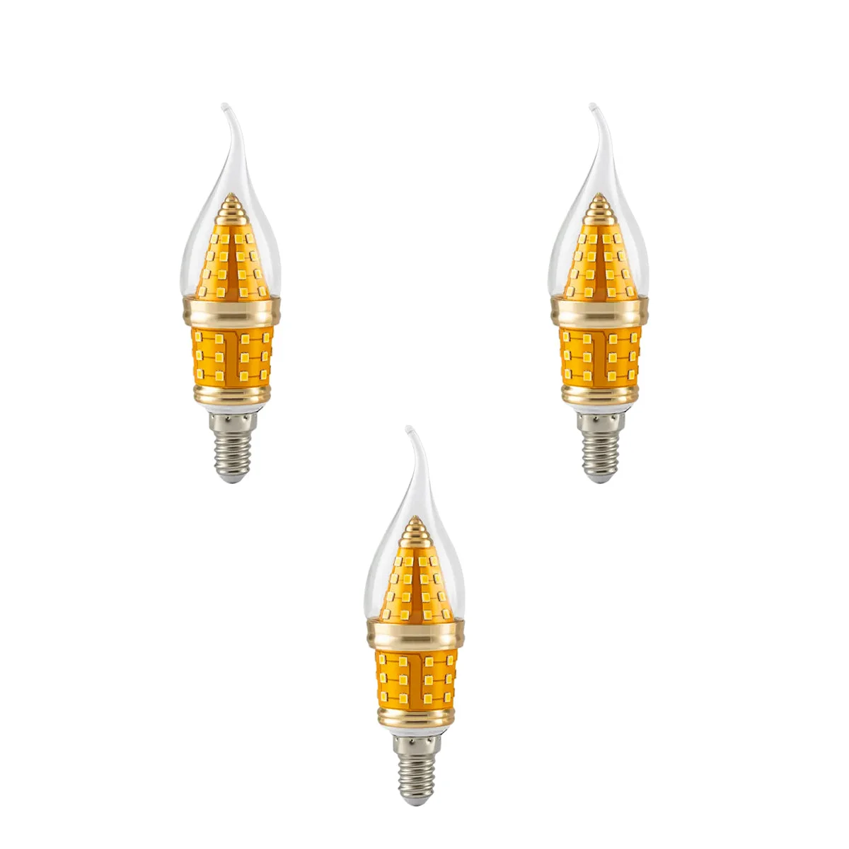 E14 LED candle bulb with flame tip, clear glass, golden and silver finish, cool white light for chandeliers and pendant lights
