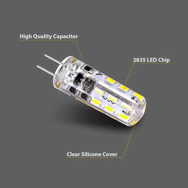 Close-up of a single 3W silicone LED bulb with G4 base showing the capsule shape and silicone casing