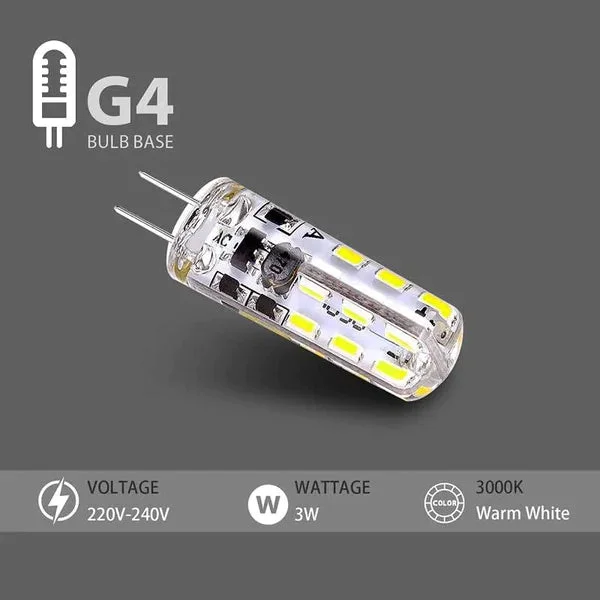Five moisture proof LED bulbs with G4 base, silicone capsule design, shown in a row on white background