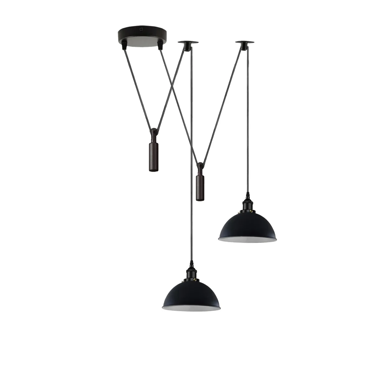 Vintage ceiling light with two adjustable black metal shades hanging from a round ceiling mount on adjustable cords