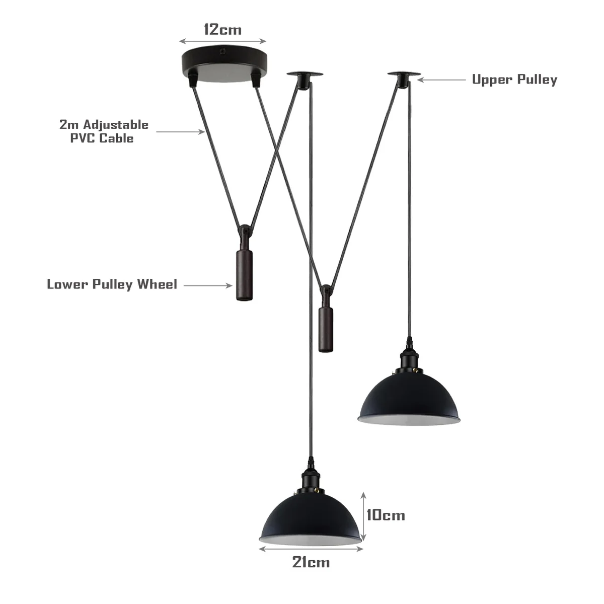Two black dimmable metal pendant lamps with adjustable cords hanging from a round ceiling mount in a modern setting