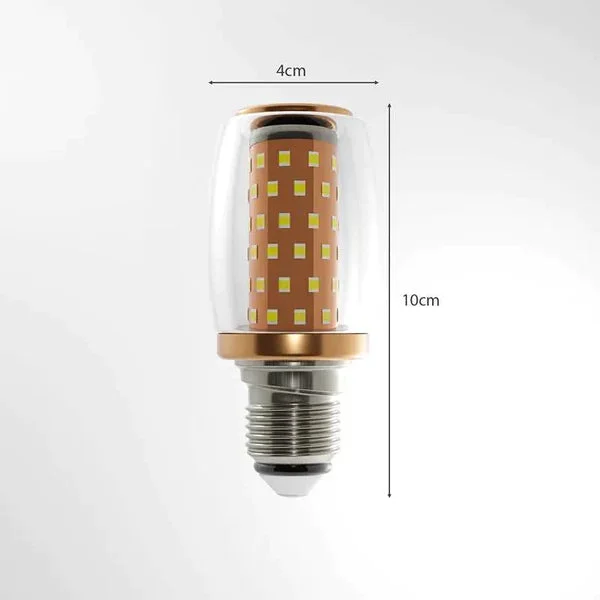 16W E27 triple color indoor LED bulb with transparent shell and aluminum alloy body, showing cone shape and E27 base.