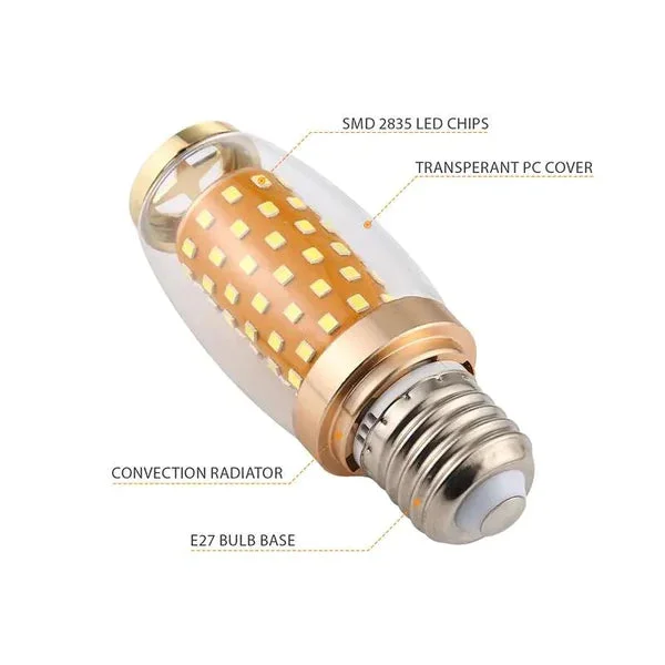 16W E27 LED bulb showing triple color modes daylight, cool white, and warm white with transparent cone design